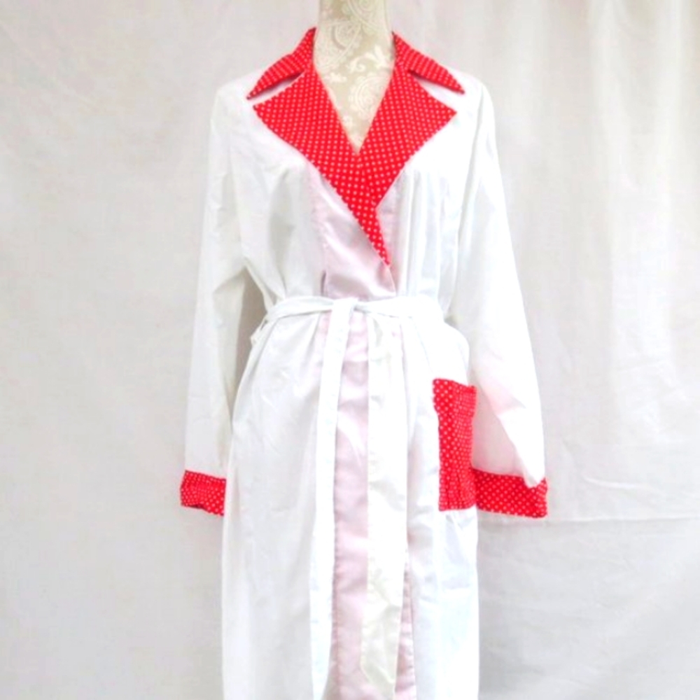 Weldon Robe 50s 60s Vintage White Red Polka Dot Sash Tie Lightweight Midi Size M
